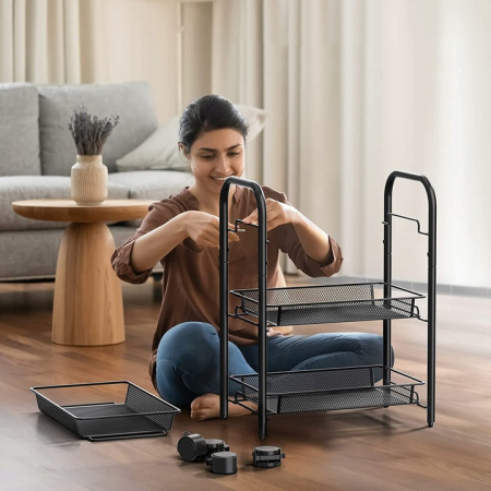 Raft metalic mobil tip carucior pentru bucatarie, 3 polite si 4 agatatori, negru, 44x26x64cm [8]