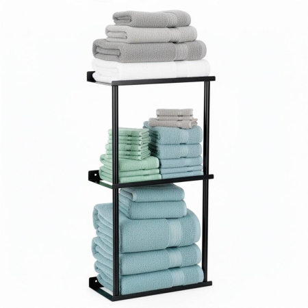 Mobilier baie - Raft metalic pentru prosoape, structura cu finisaj mat, accesorii montaj incluse, 25x16x76 cm, negru