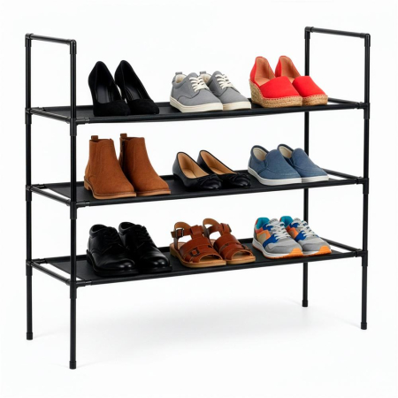 Raft pantofi cu 3 polite, structura metalica si rafturi textile, 72x28x70 cm, negru [9]