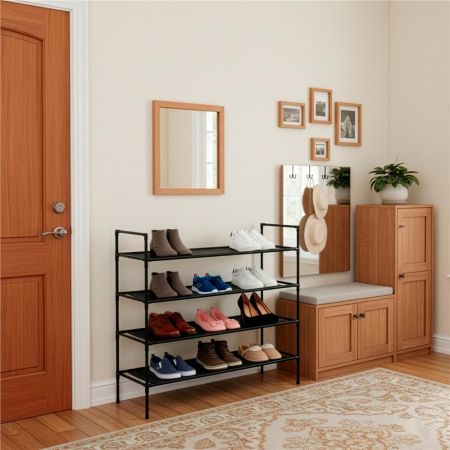 Raft pantofi cu 4 polite, structura metalica si rafturi textile, 72x28x75 cm, negru [13]