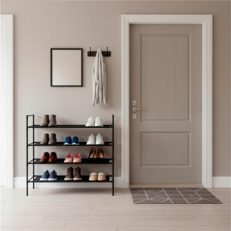 Raft pantofi cu 4 polite, structura metalica si rafturi textile, 72x28x75 cm, negru [11]