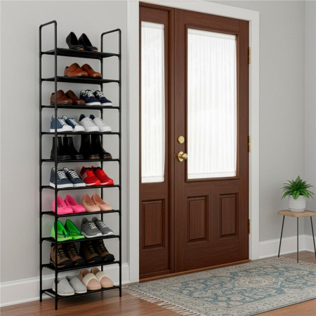 Raft pantofi inalt cu 10 polite, structura metalica si rafturi textile, 45x28x178 cm, negru [13]