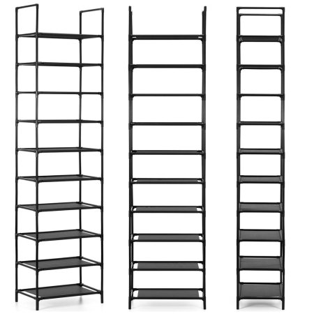Raft pantofi inalt cu 10 polite, structura metalica si rafturi textile, 45x28x178 cm, negru [5]
