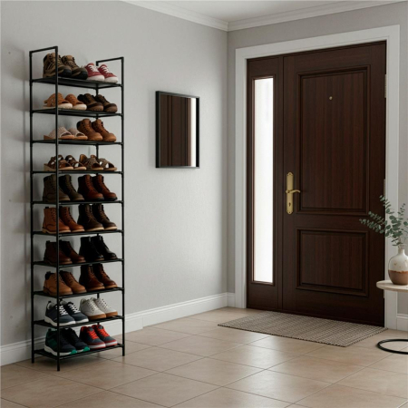 Raft pantofi inalt cu 10 polite, structura metalica si rafturi textile, 45x28x178 cm, negru [14]