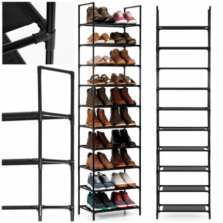 Raft pantofi inalt cu 10 polite, structura metalica si rafturi textile, 45x28x178 cm, negru [1]
