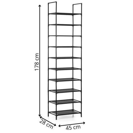 Raft pantofi inalt cu 10 polite, structura metalica si rafturi textile, 45x28x178 cm, negru [18]