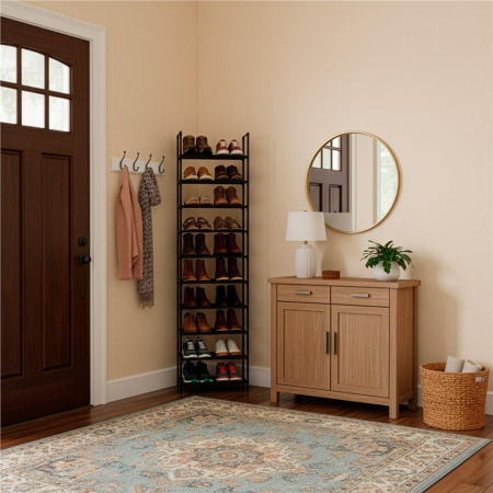 Raft pantofi inalt cu 10 polite, structura metalica si rafturi textile, 45x28x178 cm, negru [12]