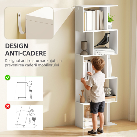  Raft pentru Carti cu 5 Rafturi Separate, Biblioteca in Forma de S din Lemn, 60x24x184,5 cm, Alb [5]