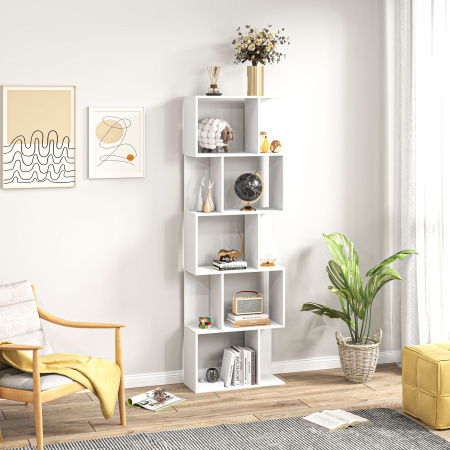  Raft pentru Carti cu 5 Rafturi Separate, Biblioteca in Forma de S din Lemn, 60x24x184,5 cm, Alb [6]
