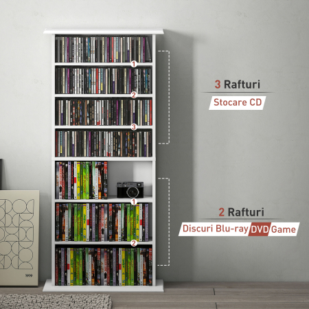  Raft pentru CD-uri cu 6 rafturi reglabile, capacitate de 360 CD-uri/185 DVD-uri, 58x24x124.5 cm, alb [7]