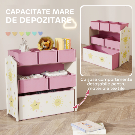  Raft pentru Depozitarea Jucariilor Copii cu 3 Niveluri si 6 Containere din Material Textil Detasabile, Mobilier pentru Camera de Joaca, Dormitor si Living, Roz [3]