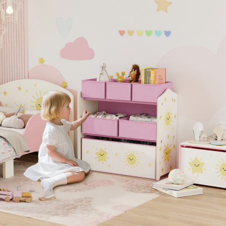  Raft pentru Depozitarea Jucariilor Copii cu 3 Niveluri si 6 Containere din Material Textil Detasabile, Mobilier pentru Camera de Joaca, Dormitor si Living, Roz [1]