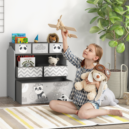  Raft pentru Jucarii pentru Copii cu 6 Recipiente Detasabile din Material Textil, 63x30x66cm, Gri [1]