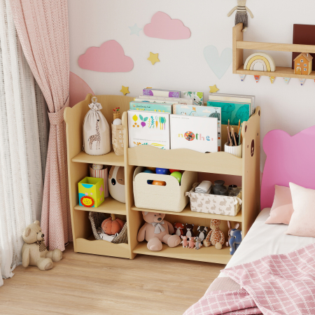  Raft pentru Jucarii pentru Copii de 3-8 Ani cu Rafturi Deschise si Compartimente, din Lemn, 92x29x79 cm, culoare Lemn [7]