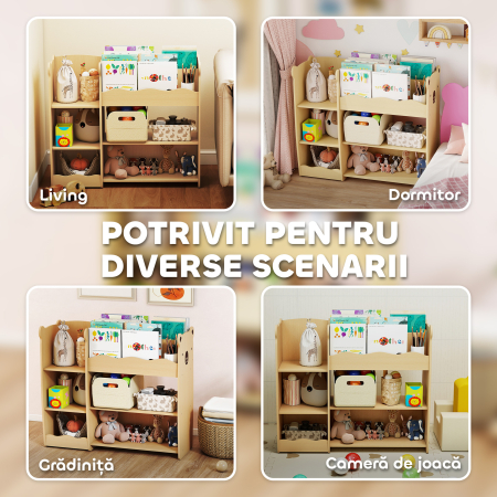 Raft pentru Jucarii pentru Copii de 3-8 Ani cu Rafturi Deschise si Compartimente, din Lemn, 92x29x79 cm, culoare Lemn [4]