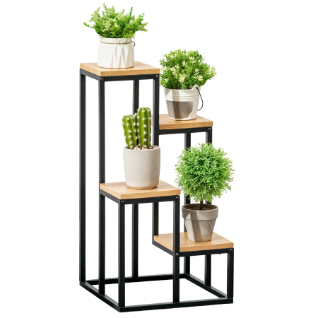 Suporturi flori si ghivece -  Raft pentru Plante cu 4 niveluri din Metal si Lemn de Brad pentru Interior si Exterior, 34x34x66 cm, Natural