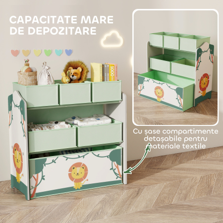  Raft Portabil pentru Jucarii Copii cu 3 Niveluri si 6 Containere Detasabile din Material Textil, Mobilier pentru Camera Copii, Sufragerie si Spatiu de Joaca, Verde [3]