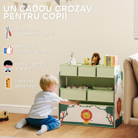  Raft Portabil pentru Jucarii Copii cu 3 Niveluri si 6 Containere Detasabile din Material Textil, Mobilier pentru Camera Copii, Sufragerie si Spatiu de Joaca, Verde [5]
