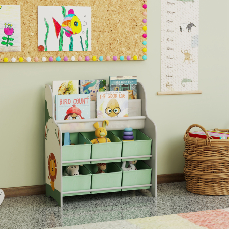  Raft Suport pentru Jucarii cu 6 Sertare si Biblioteca cu 2 Niveluri Verde [7]