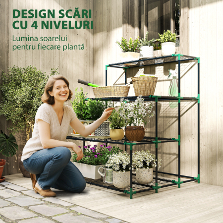  Raft Suport Plante cu 4 Niveluri din Otel, 94x84x110 cm, Verde inchis [3]