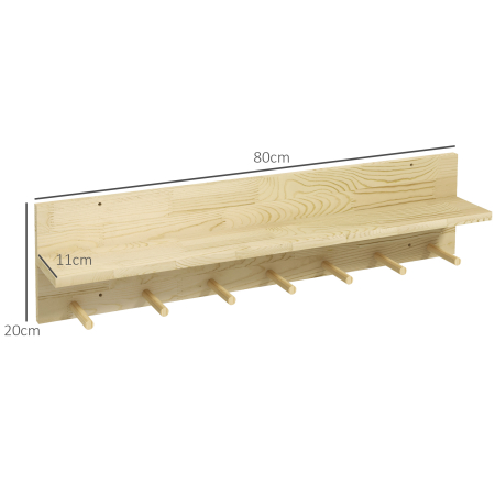 Raft Suspendat din Lemn de Brad, Raft de Perete cu 7 Carlige, Ton Natural [2]