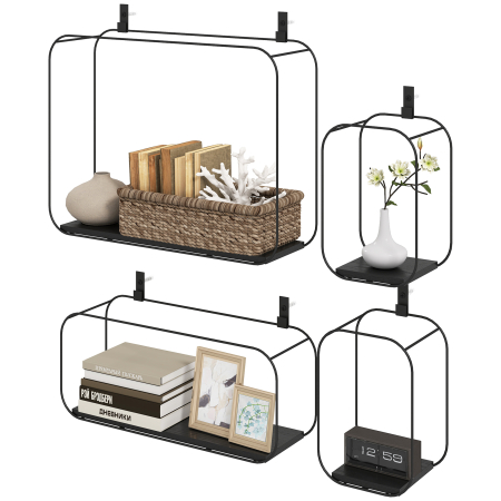  Rafturi Flotante Geometrice pentru Living, Set de 4 Piese, Negru [5]