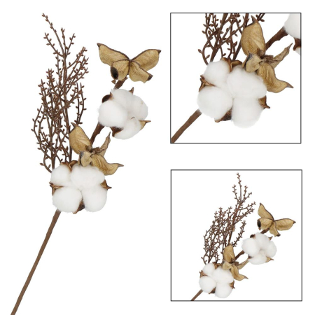 Ramura decorativa Craciun cu bumbac si plante uscate, 37 cm, alb/maro [8]