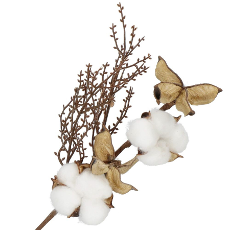 Ramura decorativa Craciun cu bumbac si plante uscate, 37 cm, alb/maro [5]