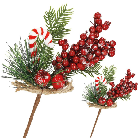 Ramura decorativa Craciun cu fructe rosii, acadea si sfoara iuta, 24 cm, rosu [10]