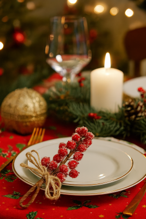 Ramura decorativa cu boabe de merisoare artificiale si snur din iuta, 15x5,5 cm, rosu [8]