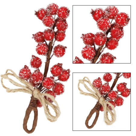 Ramura decorativa cu boabe de merisoare artificiale si snur din iuta, 15x5,5 cm, rosu [6]