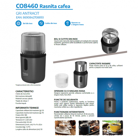 Rasnita de cafea Beko CO8460, 180 W, inox, 4 lame, capacitate 53 g, siguranta automata, bol din inox, Negru [4]