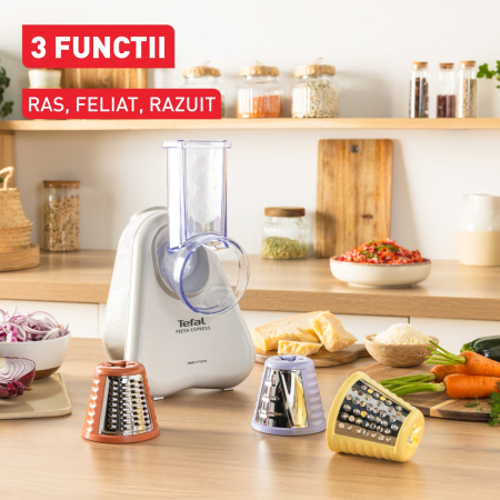 Razatoare electrica 3-in-1 Tefal Fresh Express DN853BE0, 150W, sistem de ventilatie, 3 conuri detasabile pentru razuire fina & grosiera, feliere, gri [3]