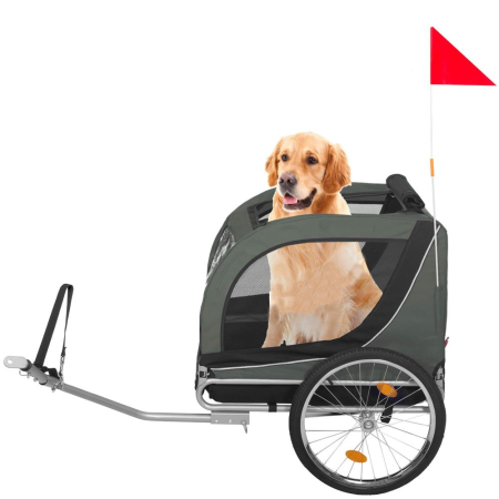Remorca bicicleta transport animale acoperis impermeabil, maxim 40 kg, rezistenta, verde negru [15]