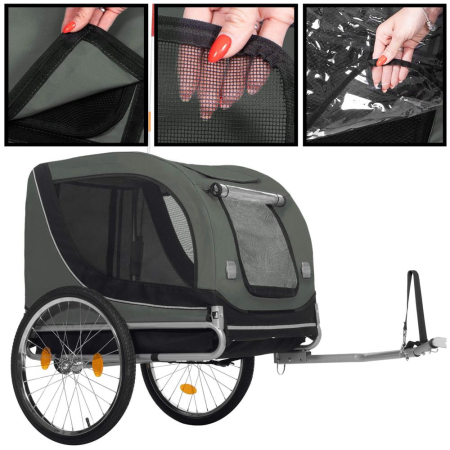 Remorca bicicleta transport animale acoperis impermeabil, maxim 40 kg, rezistenta, verde negru [6]