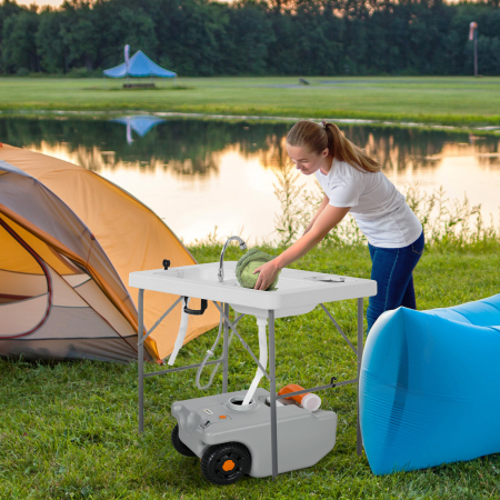  Rezervor pentru Apa de Camping 22L cu Roti si Maner si Duza Rotativa, Gri [1]