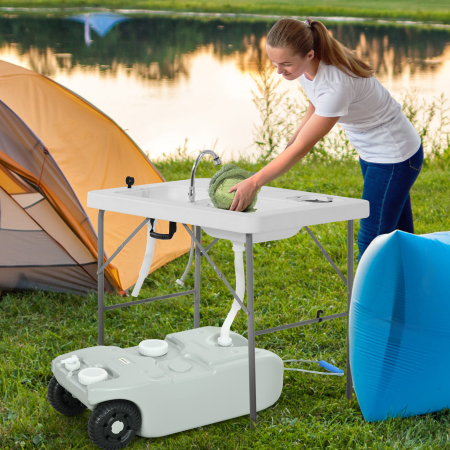  Rezervor pentru Apa de Camping 40L cu Roti si Maner Reglabil, Tub si Robinet Inclus, Gri [1]