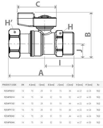Robinet cu bila Giacomini R254PX012, filet exterior 1/2" x piulita, filet interior 1/2", cu garnitura, maner tip T rosu, alama nichelata [1]