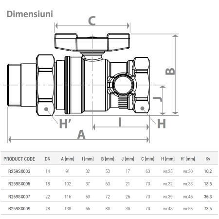 Robinet cu bila Giacomini R259SX009, cu olandez si robinet de golire, 1 1/4” filet interior x 1 1/4” filet exterior, alama cromata [1]