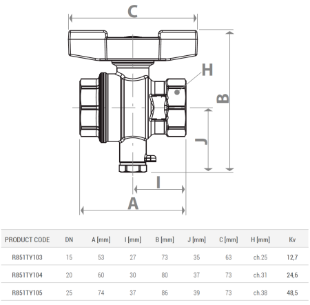 Robinet cu bila Giacomini R851TY103, trecere totala, portsonda M10x1, racord 1/2” , filet interior, maner tip T rosu, alama [1]