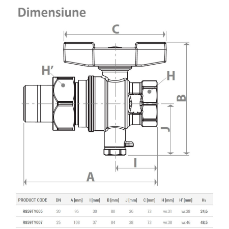 Robinet cu bila Giacomini R859TY005, 3/4” filet interior x 3/4” filet exterior, maner T rosu, cu suport pentru sonda, alama [1]