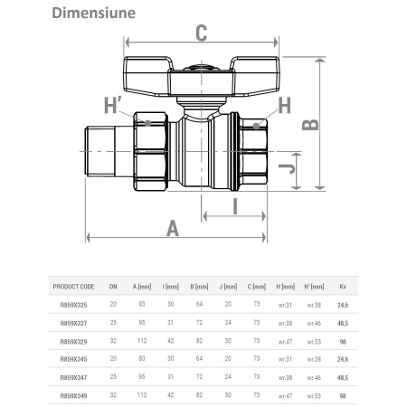 Robinet cu bila Giacomini R859X345, 3/4” filet interior x 3/4” filet exterior, maner T albastru, apa, alama cromata [1]