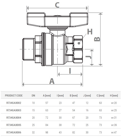 Robinet cu bila pentru gaz Giacomini R734GAX005, trecere plina, maner tip T galben, filet interior 1” x filet exterior  1”, 5 bar, alama nichelata [1]