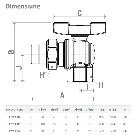 Robinet cu bila unghiular Giacomini R789X045, 3/4” filet interior x 3/4” filet exterior, maner T albastru, apa, alama cromata [1]