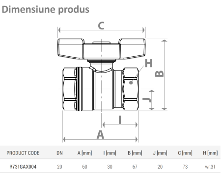 Robinet cu bila pentru gaze Giacomini R731GAX004, filet interior 3/4 inch, full port, maneta T galbena, alama nichelata [1]