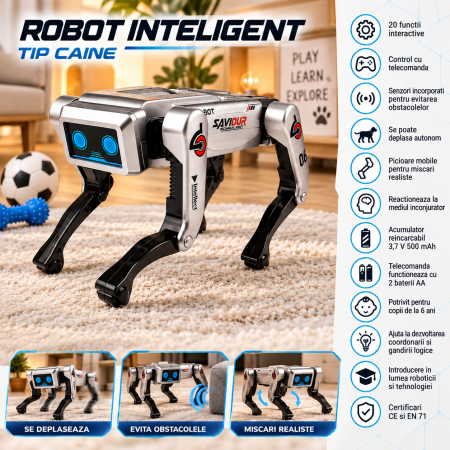 Robot caine inteligent cu telecomanda pentru copii 6 ani+, 20 functii interactive, senzori pentru evitarea obstacolelor, deplasare autonoma si miscari [1]