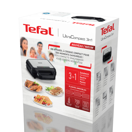 Sandwich maker multifunctional Tefal UltraCompact 3 in 1 SW383D10, 700W, 3 placi detasabile pentru sandwich-uri, panini si gofre, negru & arginti [5]