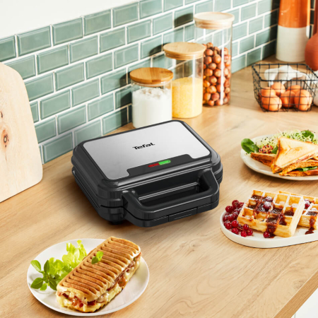Sandwich maker multifunctional Tefal UltraCompact 3 in 1 SW383D10, 700W, 3 placi detasabile pentru sandwich-uri, panini si gofre, negru & arginti [12]