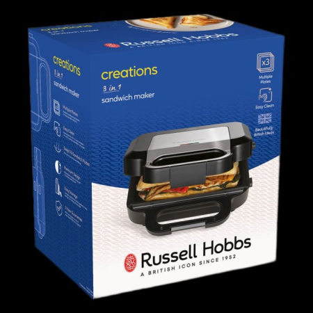 Sandwich maker Russell Hobbs Creations 3 in 1, placi interschimbabile, suprafata antiaderenta, indicator luminos, negru [8]
