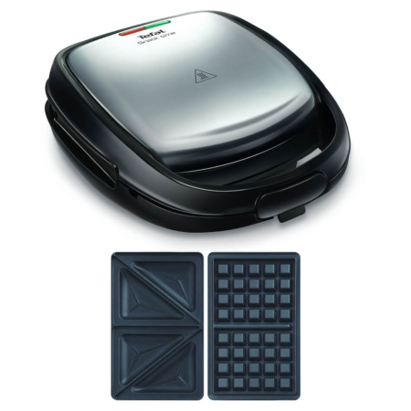 Sandwich maker Tefal Snack Time 2 in 1 SW341D12, 700W, 2 seturi de placi detasabile antiaderente, maner izolat termic, argintiu & negru [1]